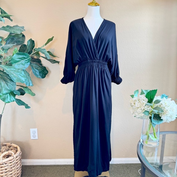Mikoh Faux Wrap Black Cotton Maxi Dress Size M (2) V-Neck Cinch Waist Minimalist - Picture 1 of 16